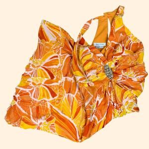 Women's Rare Vintage Y2K Kay Unger Orange Print Silk Flowy Halter Dress Size 8